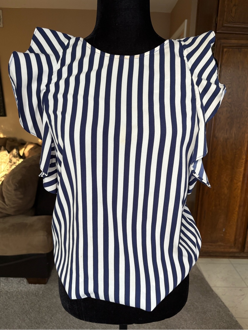Juicy Couture Nautical Navy & White Stripe Top With Ruffle Cap Sleeves